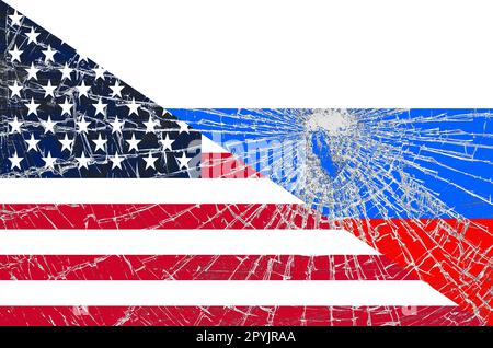 Russische Flagge mit den Rissen. Schlechte Beziehungen zu Ländern Stockfoto
