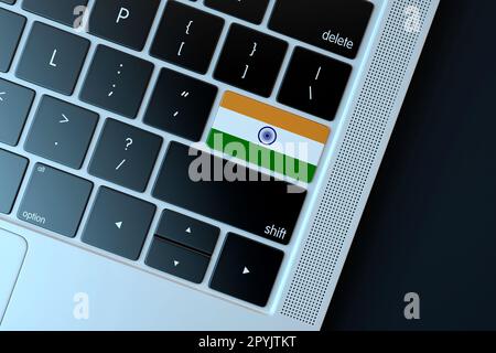 Indische Flagge über Computertastatur. Technologiekonzept. 3D-Rendering Stockfoto