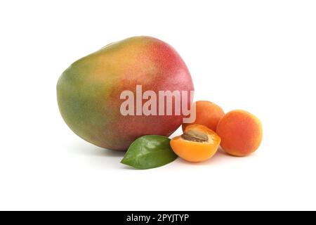 Mango, ganze und halbierte reife Aprikosen auf Weiß Stockfoto