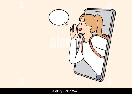 Mädchen mit Rucksack machen Handgesten auf Handybildschirm über gute Angebote oder Beförderung. Eine Frau mit Händen als Megafon macht Ankündigungen. V Stockfoto