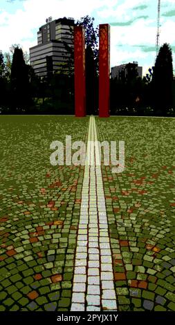 Geometrische Figuren auf dem Platz der Stadt. Die weiße Linie, bestehend aus amen-Kacheln, geht in die Perspektive. Zwei vertikale Säulen in Rot am Horizont Stockfoto