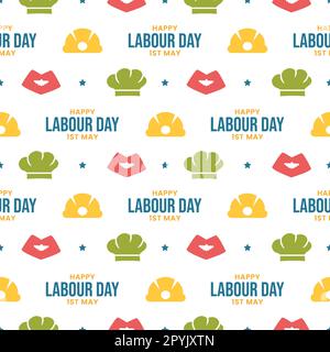 „Happy Labor Day“ (alles gute zum Tag der Arbeit) – Illustration des nahtlosen Musters mit verschiedenen Berufen in der handgezeichneten Vorlage Stockfoto