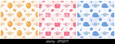 Set von Happy Labor Day Seamless Pattern Design Illustration mit verschiedenen Berufen in Template Hand Drawn Stockfoto