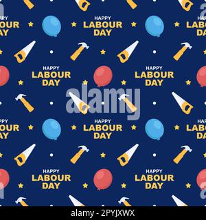 „Happy Labor Day“ (alles gute zum Tag der Arbeit) – Illustration des nahtlosen Musters mit verschiedenen Berufen in der handgezeichneten Vorlage Stockfoto