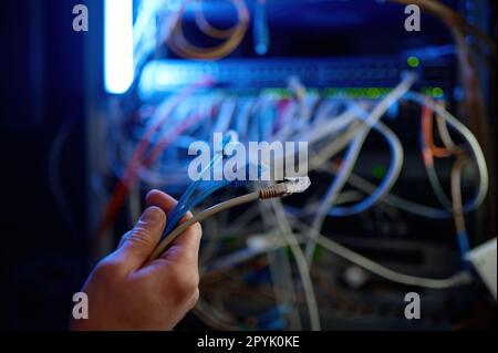 Zugeschnittene Nahaufnahme der Hand, die Kabel mit dem Netzwerkserver verbindet Stockfoto