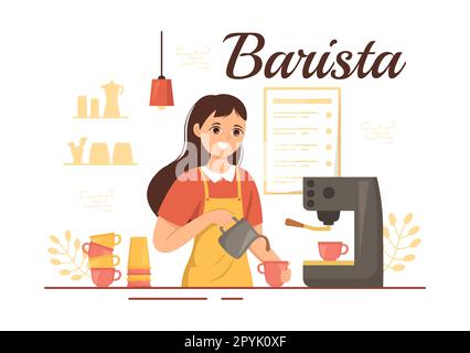 Barista Illustration: Tragen einer Stehschürze zum Zubereiten von Kaffee für Gäste in einer flachen, handgezeichneten Landing-Page oder Webbannervorlage Stockfoto