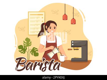 Barista Illustration: Tragen einer Stehschürze zum Zubereiten von Kaffee für Gäste in einer flachen, handgezeichneten Landing-Page oder Webbannervorlage Stockfoto