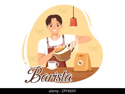 Barista Illustration: Tragen einer Stehschürze zum Zubereiten von Kaffee für Gäste in einer flachen, handgezeichneten Landing-Page oder Webbannervorlage Stockfoto