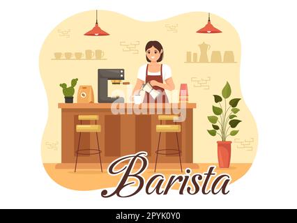 Barista Illustration: Tragen einer Stehschürze zum Zubereiten von Kaffee für Gäste in einer flachen, handgezeichneten Landing-Page oder Webbannervorlage Stockfoto