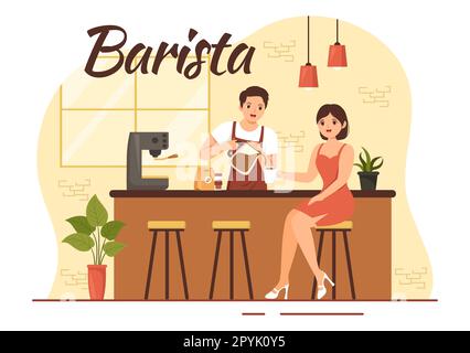 Barista Illustration: Tragen einer Stehschürze zum Zubereiten von Kaffee für Gäste in einer flachen, handgezeichneten Landing-Page oder Webbannervorlage Stockfoto