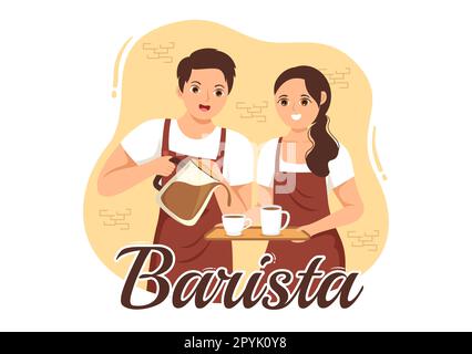 Barista Illustration: Tragen einer Stehschürze zum Zubereiten von Kaffee für Gäste in einer flachen, handgezeichneten Landing-Page oder Webbannervorlage Stockfoto