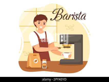 Barista Illustration: Tragen einer Stehschürze zum Zubereiten von Kaffee für Gäste in einer flachen, handgezeichneten Landing-Page oder Webbannervorlage Stockfoto