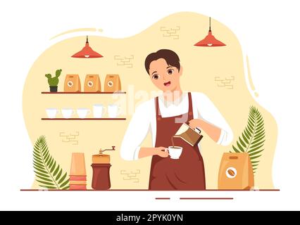 Barista Illustration: Tragen einer Stehschürze zum Zubereiten von Kaffee für Gäste in einer flachen, handgezeichneten Landing-Page oder Webbannervorlage Stockfoto