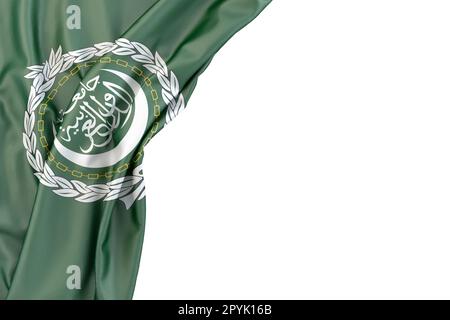 Flagge der Arabischen Liga in der Ecke auf weißem Hintergrund. Isoliert. 3D Abbildung Stockfoto