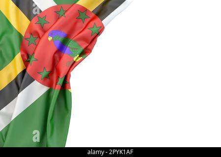 Flagge von Dominica in der Ecke auf weißem Hintergrund. Isoliert. 3D Abbildung Stockfoto