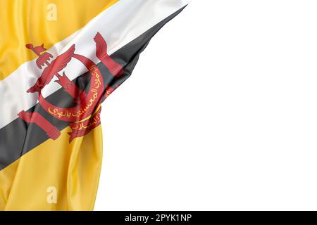 Bruneis Flagge in der Ecke auf weißem Hintergrund. 3D-Rendering. Isoliert Stockfoto