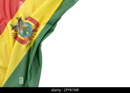 Bolivienflagge in der Ecke auf weißem Hintergrund. 3D-Rendering. Isoliert Stockfoto