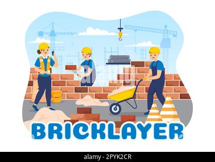 Abbildung eines Maurerarbeiters mit People Construction and Laying Bricks for Building a Wall in Flat Cartoon Hand Drawing Landing Page Templates Stockfoto