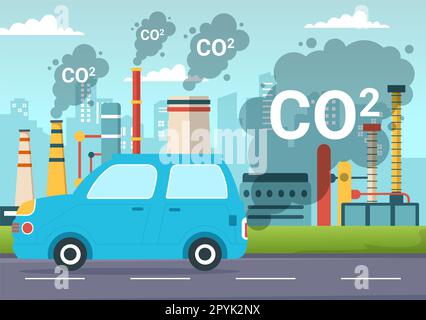 Kohlendioxid oder CO2-Illustration zur Rettung der Erde vor dem Klimawandel als Folge von Fabrik- und Fahrzeugverschmutzung in handgezogenen Vorlagen Stockfoto