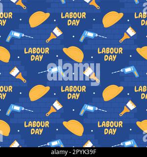 „Happy Labor Day“ (alles gute zum Tag der Arbeit) – Illustration des nahtlosen Musters mit verschiedenen Berufen in der handgezeichneten Elementvorlage Stockfoto