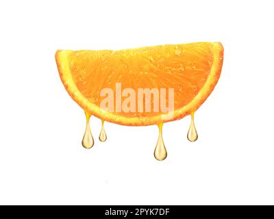 Safttropfen aus der Orangenhälfte, isoliert auf weißem Hintergrund Stockfoto