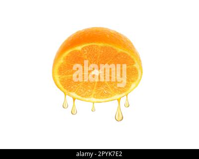 Safttropfen aus der Orangenhälfte, isoliert auf weißem Hintergrund Stockfoto