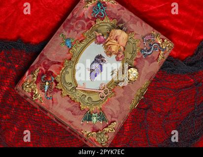 Antikes viktorianisches Buch mit farbenfrohen Edelsteinen. Märchenhaftes Buch mit Skorpion und Fledermaus Stockfoto