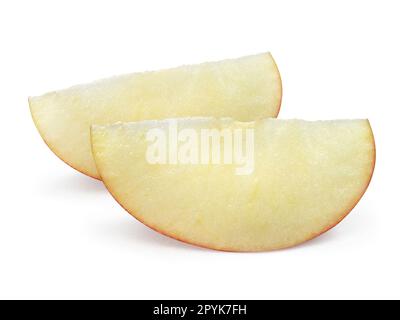 Frische Äpfel auf weißem Hintergrund in Stücke geschnitten Stockfoto