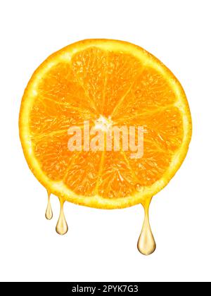 Tropfen Saft aus Orange, isoliert auf weißem Hintergrund Stockfoto