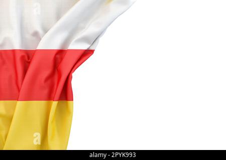 Flagge Südossetiens in der Ecke auf weißem Hintergrund. 3D-Rendering. Isoliert Stockfoto