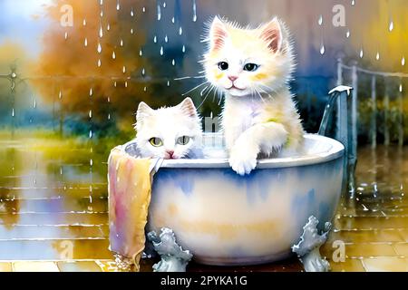 Die Katze wäscht die Badewanne im Bad Stockfoto