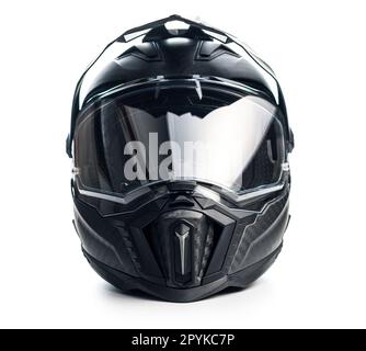 Motorradhelm aus schwarzem Kohlenstoff. Offroad-Motocross-Helm mit abgeschirmtem Schild auf weißem Hintergrund. Stockfoto