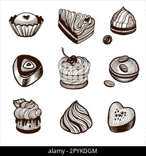 Schokolade. Handgezeichnete Süßigkeiten, Schokolade, Gebäck, Muffin, Bonbon Süßfleisch. Vektordarstellung. Stock Vektor