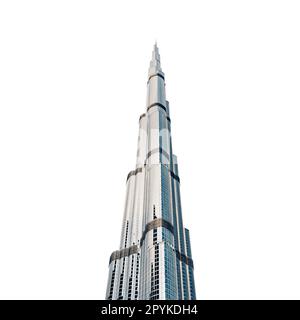 18. Januar 2023, Dubai, Vereinigte Arabische Emirate: Isoliert und abgeschnitten auf weißem Hintergrund - Wolkenkratzer des Burj Khalifa Towers in Dubai. Wahrzeichen der Vereinigten Arabischen Emirate Stockfoto