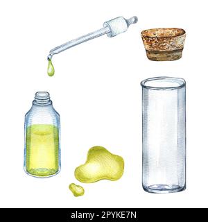Glaskolben mit Kork, Öltropfen und Wasserfleck, auf weiß isoliert. Transparente Flasche, Laborbecher, Röhrchen für ätherische Öle, handgezeichnet Stockfoto