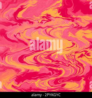 Magenta-Pink, Orange und Gelb mit Marmormalerei. Welliger Flüssigwasser-Effekt-Hintergrund. Lebendige, energiegeladene Palette. Hintergrund für den Websiteführer Stockfoto