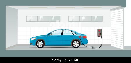 Aufladen eines blauen Elektroautos an einer Ladestation in einer Garage. Stock Vektor