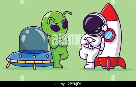 Süßer Alien-Astronauten-Helm mit ufo-Cartoon-Vektorgrafik. Stock Vektor