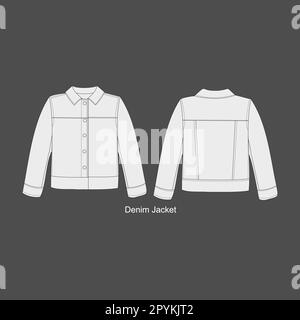 Denim-Sakko-Set. Storm Rider Denimjacke technische Modezeichnung. Flache Bekleidung vorne, hinten, weiß. Frauen, Männer, Unisex-CAD-Modell. Denim Stock Vektor