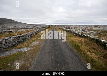 Kleine Landstraße, die durch trockene Steinmauern durch die burren County clare republic of ireland begrenzt wird Stockfoto