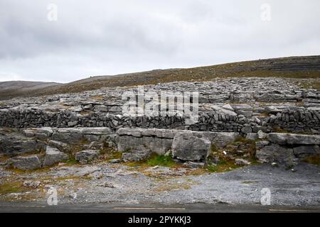 Straße, die in einen abfallenden Kalksteinpflaster mit Querschnitten der burren County clare republic of ireland gehauen ist Stockfoto