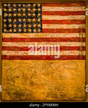 Japer Jones malt Flagge über Weiß mit Collage, 1955, Kunstmuseum Basel, Museum für zeitgenössische Kunst, 2016 erbaut, Basel, Switzerlan Stockfoto