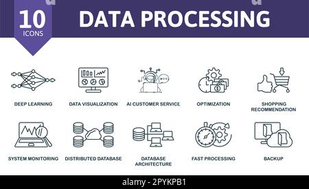 Modellstruktur für Datenverarbeitung festgelegt. Kreative Symbole: Deep Learning, Datenvisualisierung, AI-Kundenservice, Optimierung, Einkaufsempfehlungen, System Stock Vektor
