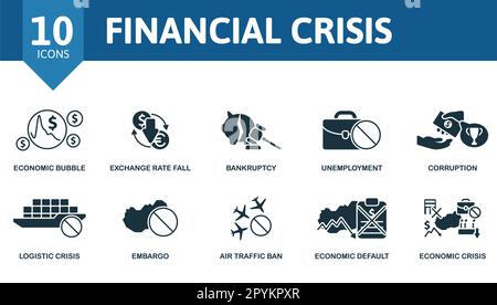 Finanzkrisenkonzept. Kreative Symbole: Wirtschaftsblase, Kursverfall, Konkurs, Arbeitslosigkeit, Korruption, Logistikkrise, Embargo, Luft Stock Vektor