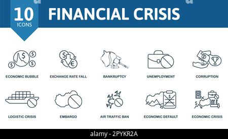 Finanzkrisenkonzept. Kreative Symbole: Wirtschaftsblase, Kursverfall, Konkurs, Arbeitslosigkeit, Korruption, Logistikkrise, Embargo, Luft Stock Vektor
