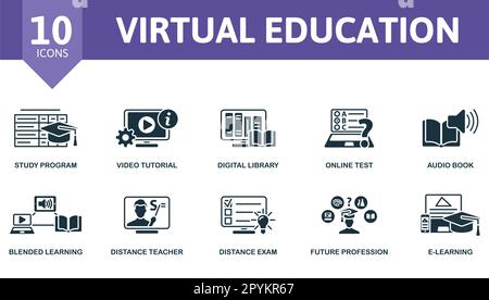 Virtueller Bildungsplan. Kreative Symbole: Studienprogramm, Video-Tutorial, digitale Bibliothek, Online-Test, Hörbuch, Gemischtes Lernen, Distanz Stock Vektor