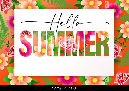 Hallo Sommer-Typografie mit Palmenblättern und Blumen. Design mit Rabattpostern für die Werbung für die Sommerkollektion. Vektorkarte Stock Vektor