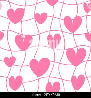 Süßes Cartoon-Herzmuster. Verzerrter Groovy-Schachbretthintergrund. Retro Love Style für den Druck auf Textilien, Geschenkpapier. Vektorrosa Druck Stock Vektor