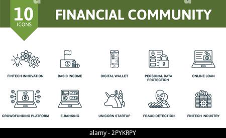 Überblick über die Finanzgemeinschaft. Kreative Symbole: fintech Innovation, Grundeinkommen, digitale Brieftasche, Schutz personenbezogener Daten, Online-Darlehen, Crowdfunding Stock Vektor