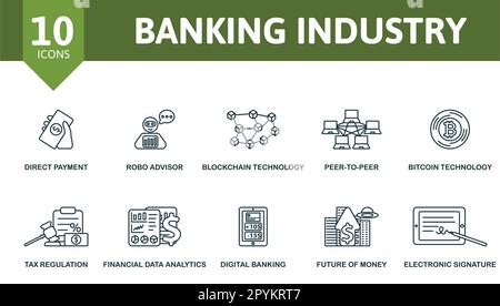 Überblick über das Bankwesen. Kreative Symbole: Direktzahlung, Robo Advisor, Blockchain-Technologie, Peer-to-Peer, Bitcoin-Technologie, Steuervorschriften Stock Vektor